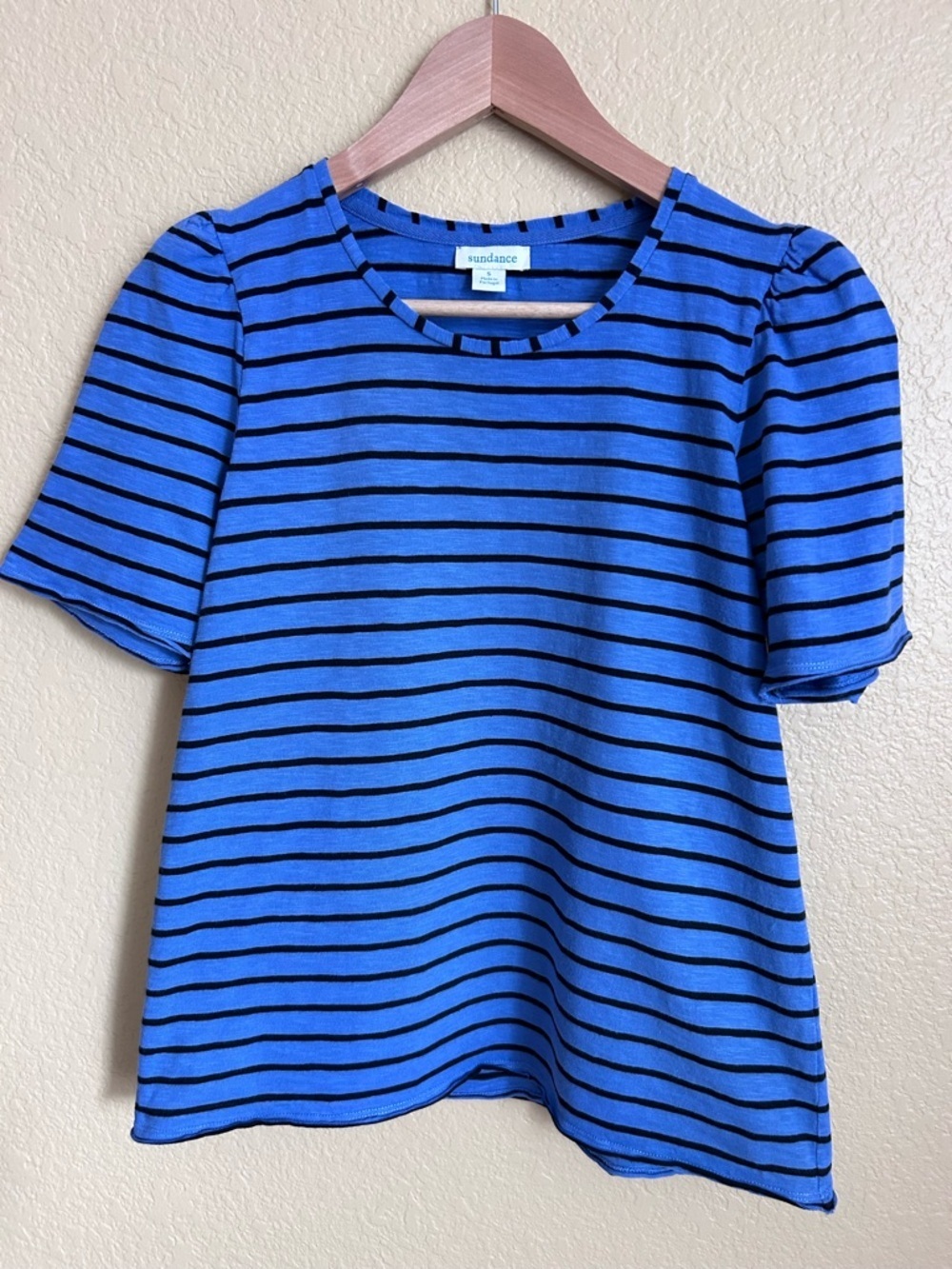 Sundance Blue and Black Striped Puff Sleeve Crewneck Top